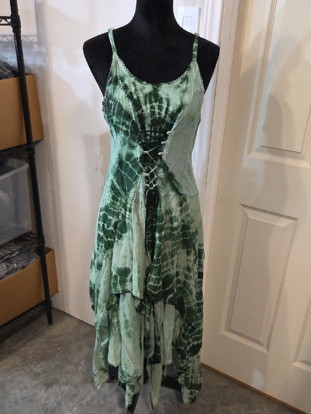 Sakkas Fairy Green Tie-Dye Dress Boho Lace-Up Hankerchief Hem Asymmetrical Maxi
